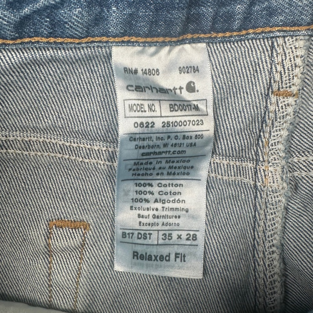 Carhartt Jeans Mens 35x28 Relaxed Fit Blue Denim Casual Work B17 DST Tapered Leg - Picture 3 of 10